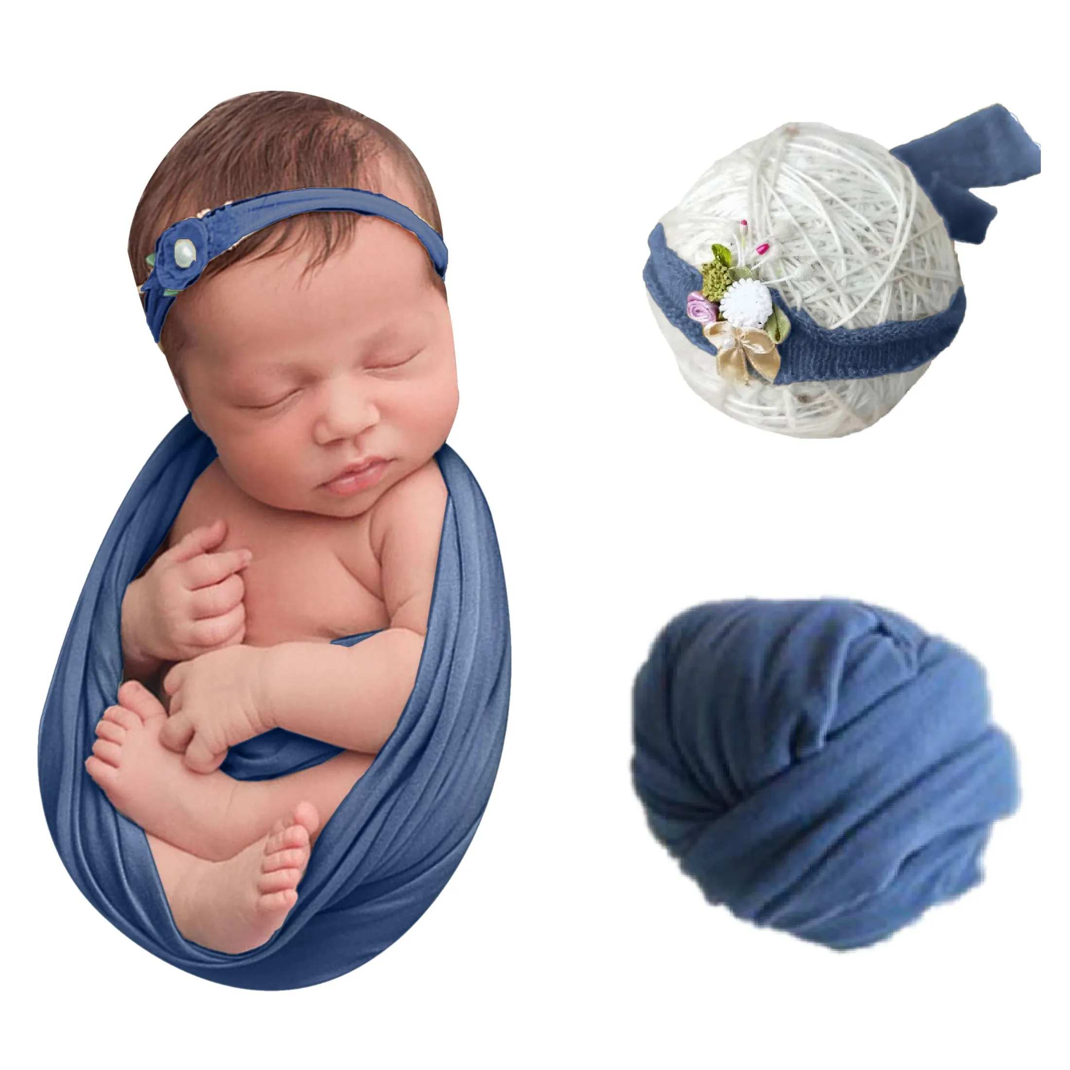 Babymoon Jersey Stretchable Baby Photography Shoot Wrap Cloth With Hairband - Dark Blue