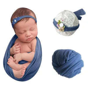 Babymoon Jersey Stretchable Baby Photography Shoot Wrap Cloth With Hairband - Dark Blue