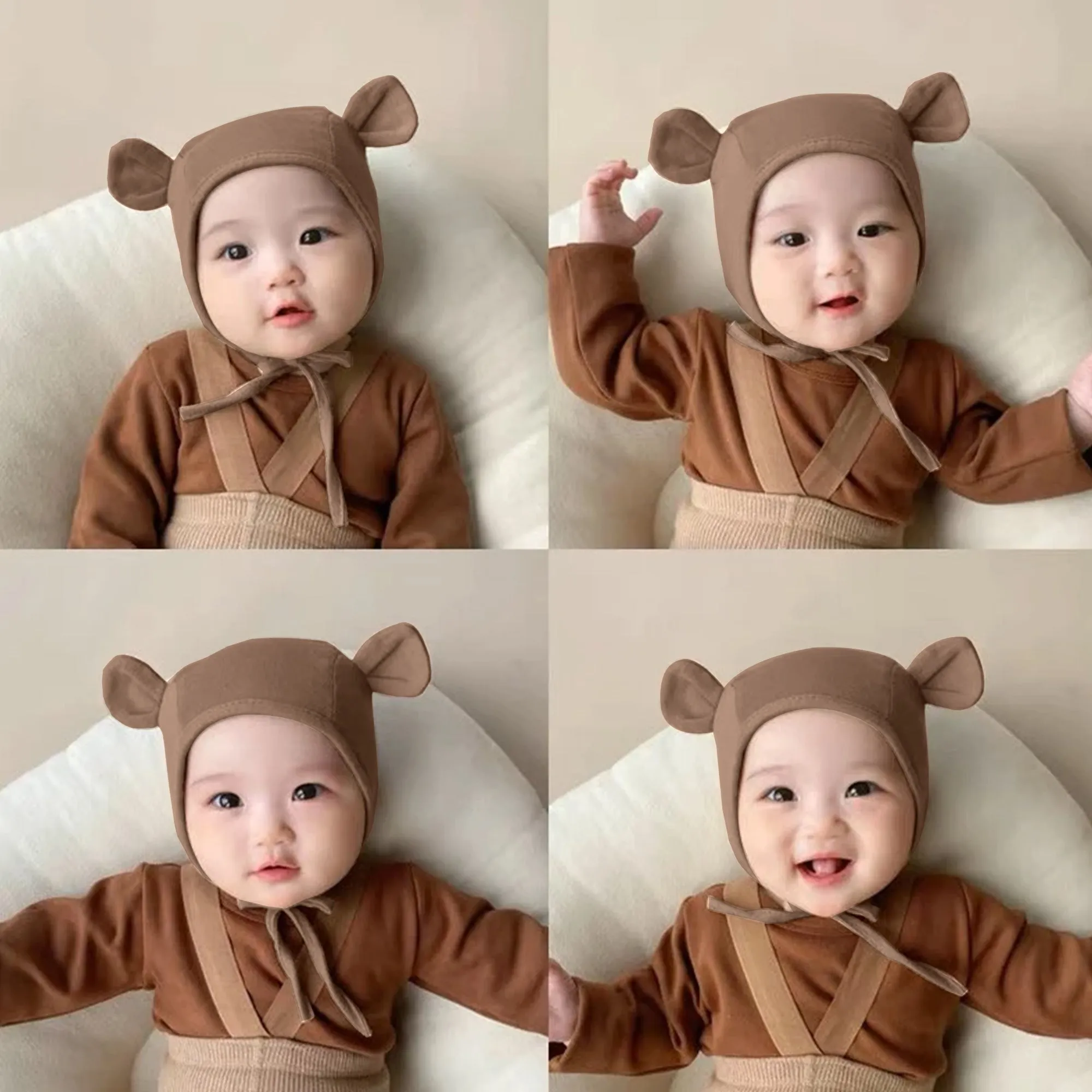 Babymoon Stretchable Bear Ears Baby Photography Cap Hat | NewBorn Photoshoot Props | Coffee