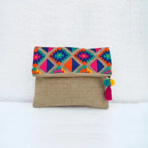 Boho pouch, linen bag, kilim pattern, moroccan, foldover clutch, embroidered, 10X8 inches