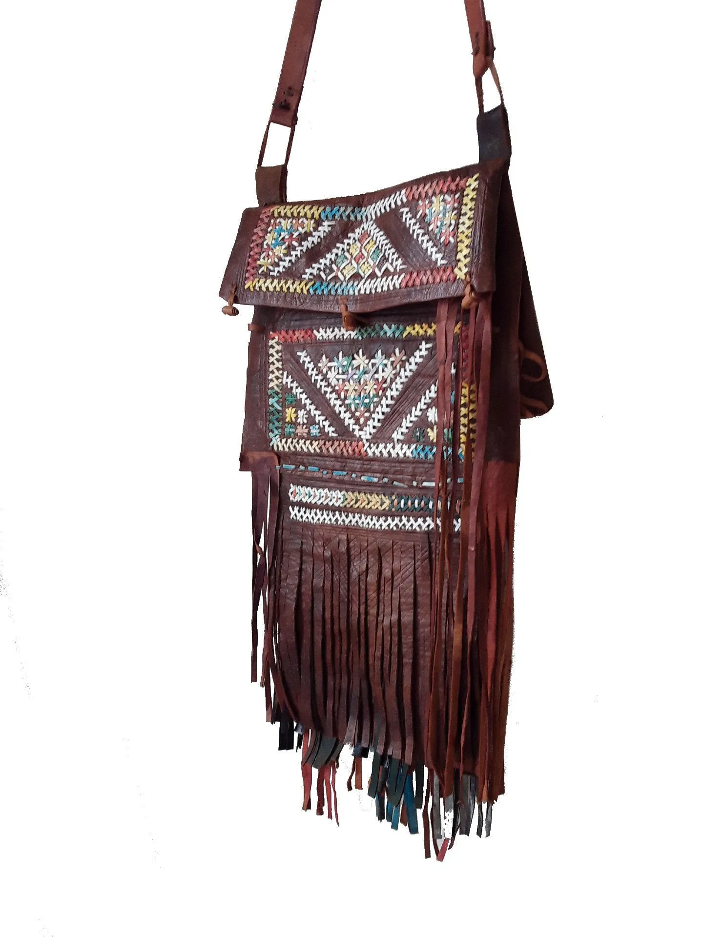 Rebel Leather Messenger/Crossbody Bag - Brown - Embroidered - Bohemian Morocco