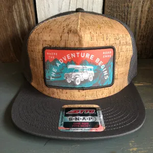 WHERE THE ROAD ENDS, THE ADVENTURE BEGINS Premium Cork Trucker Hat (Grey)