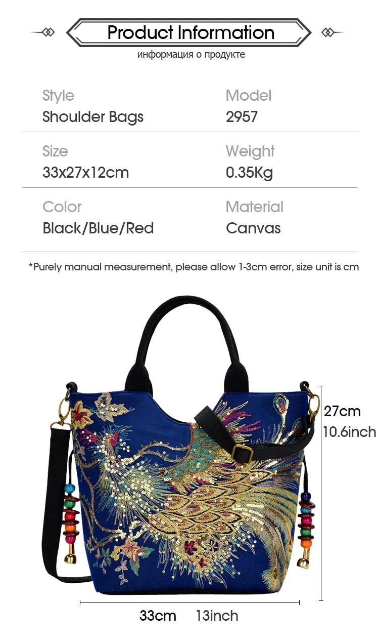 Women Handmade Embroidery Peacock Bohemian Shoulder Bag