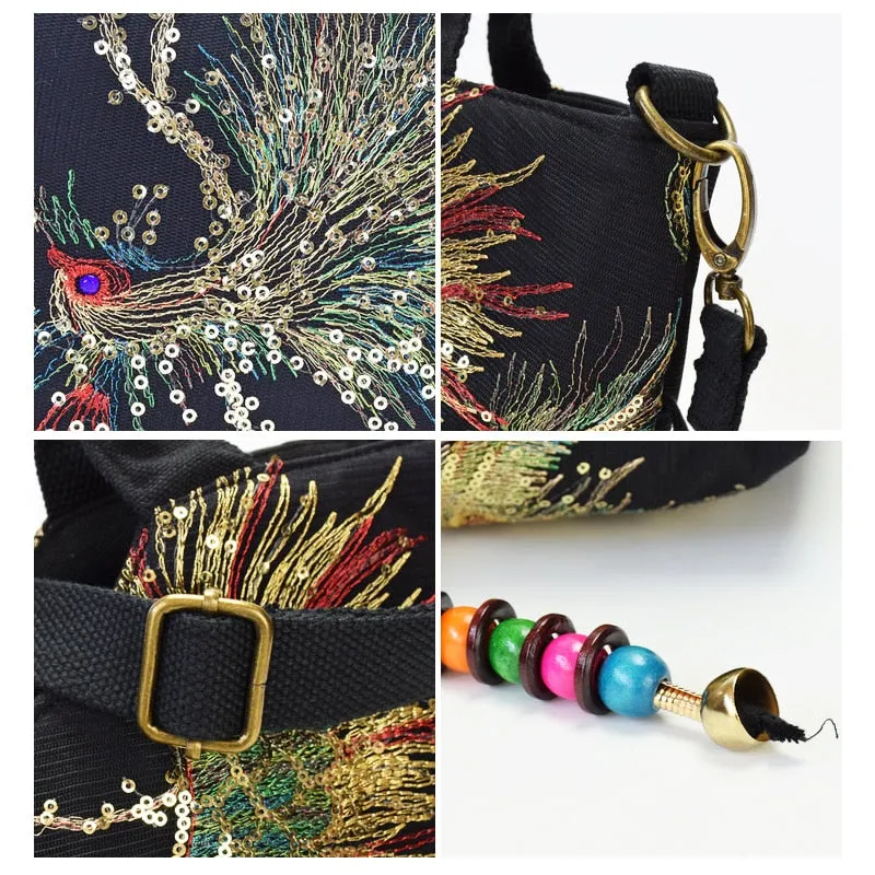 Women Handmade Embroidery Peacock Bohemian Shoulder Bag