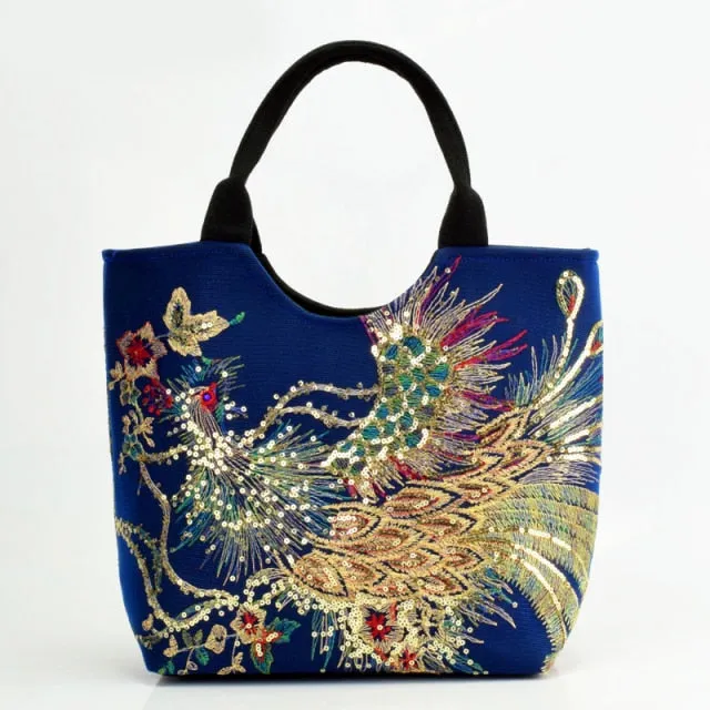 Women Handmade Embroidery Peacock Bohemian Shoulder Bag