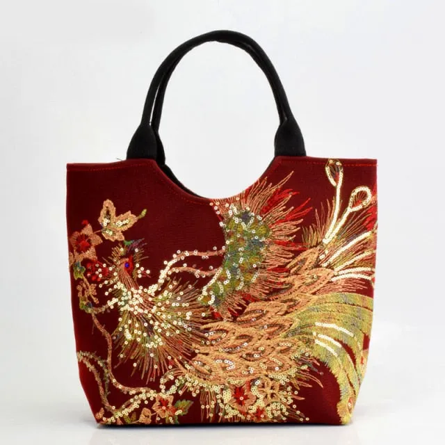 Women Handmade Embroidery Peacock Bohemian Shoulder Bag