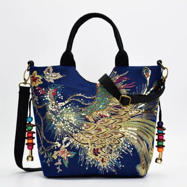 Women Handmade Embroidery Peacock Bohemian Shoulder Bag