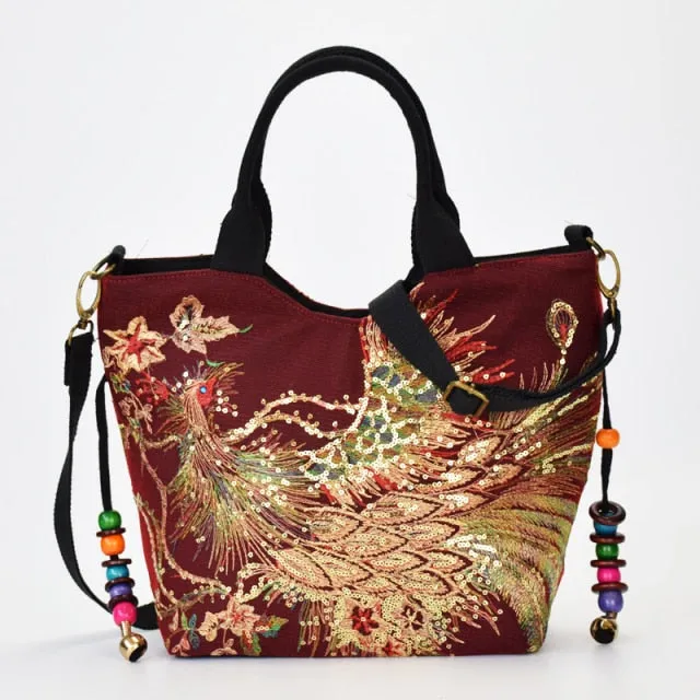 Women Handmade Embroidery Peacock Bohemian Shoulder Bag