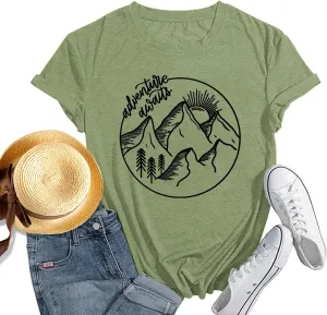 Women Mountain Shirts and So The Adventure Begins Tshirt Sunshine Moon Nature Pine Graphic Tees Heart Let's Go Find It Top