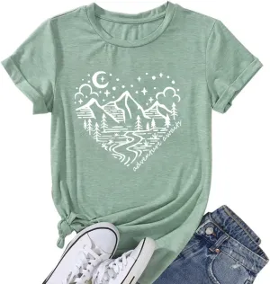 Women Mountain Shirts and So The Adventure Begins Tshirt Sunshine Moon Nature Pine Graphic Tees Heart Let's Go Find It Top