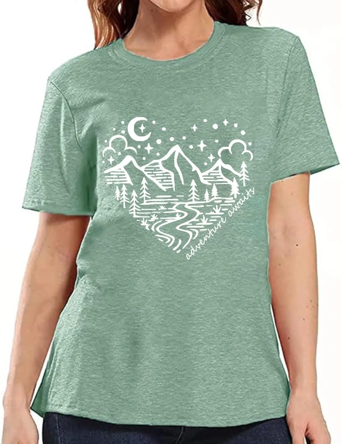 Women Mountain Shirts and So The Adventure Begins Tshirt Sunshine Moon Nature Pine Graphic Tees Heart Let's Go Find It Top