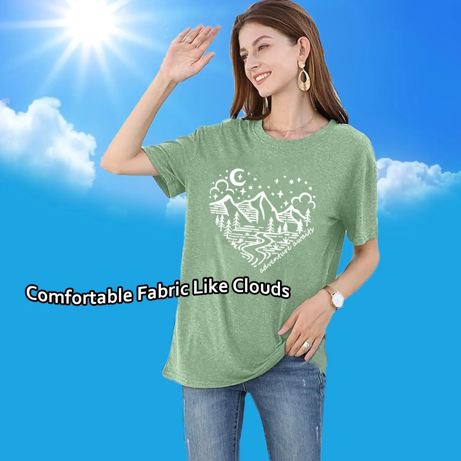 Women Mountain Shirts and So The Adventure Begins Tshirt Sunshine Moon Nature Pine Graphic Tees Heart Let's Go Find It Top