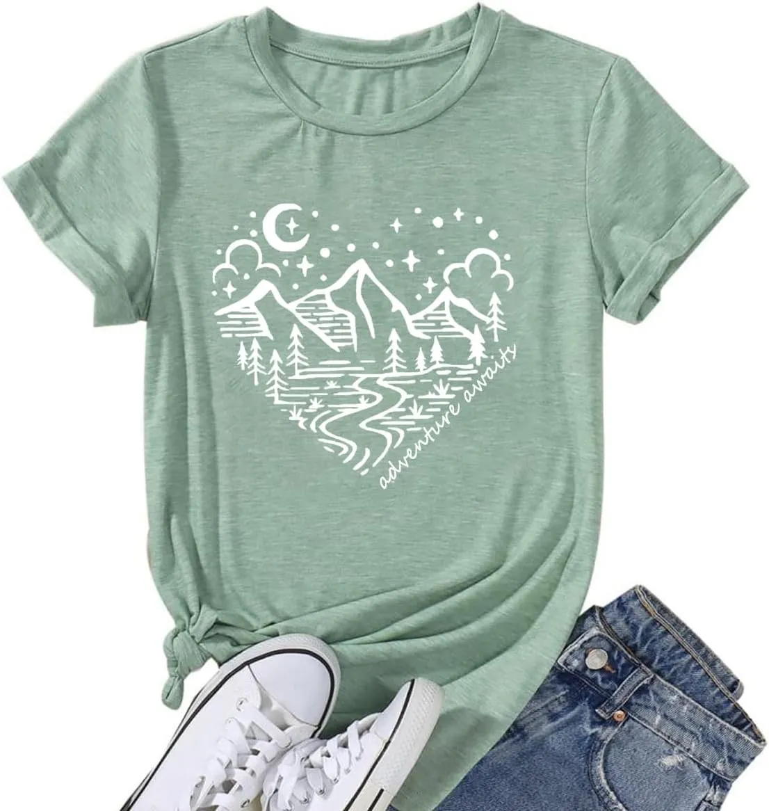 Women Mountain Shirts and So The Adventure Begins Tshirt Sunshine Moon Nature Pine Graphic Tees Heart Let's Go Find It Top