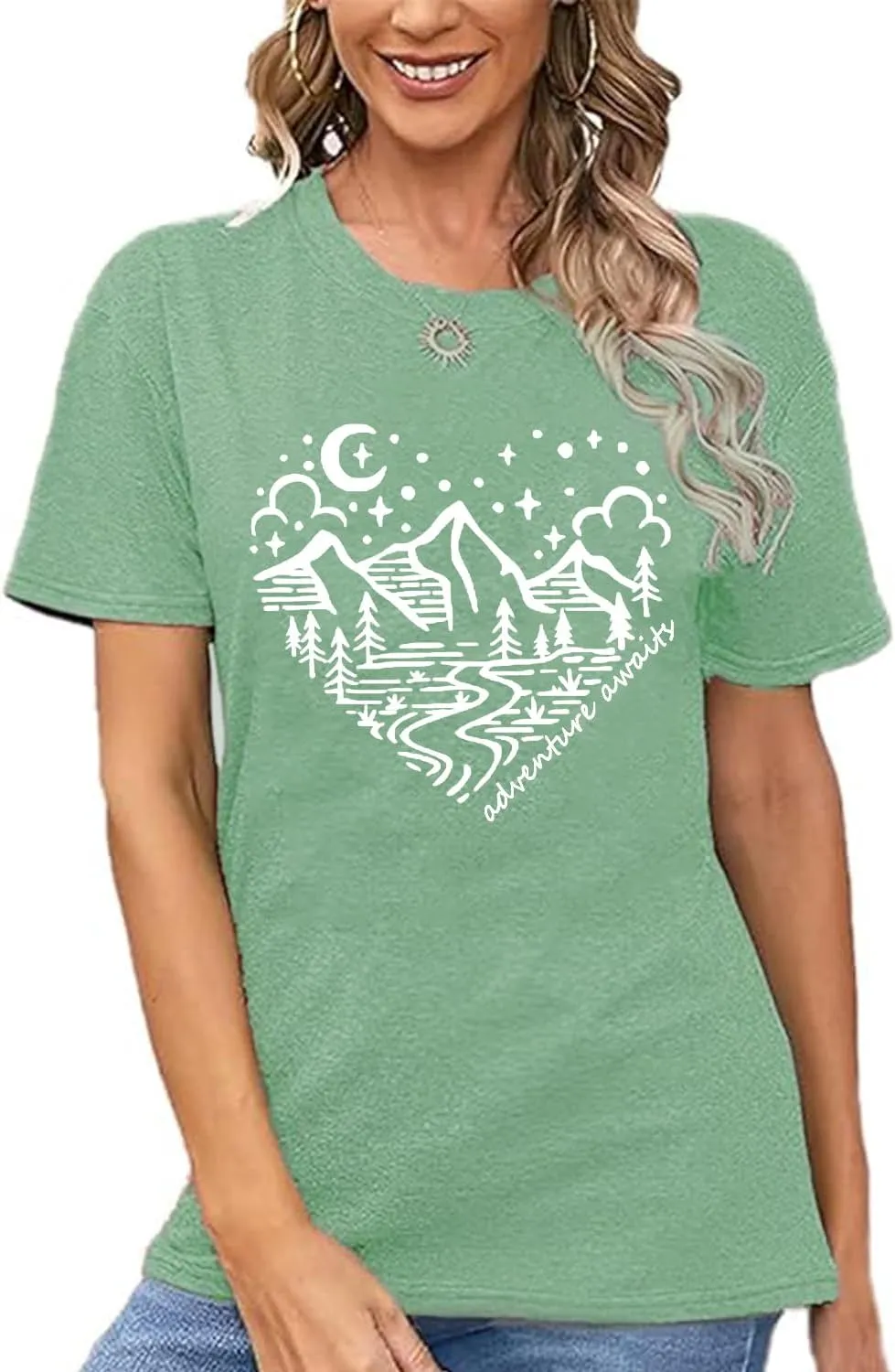 Women Mountain Shirts and So The Adventure Begins Tshirt Sunshine Moon Nature Pine Graphic Tees Heart Let's Go Find It Top