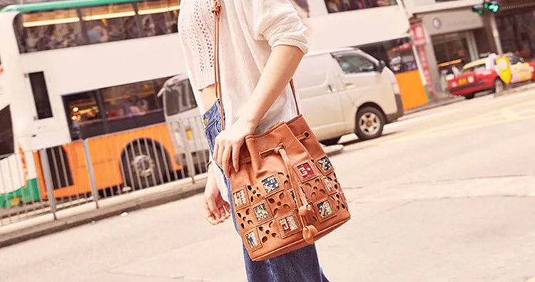 Womens Vegan Leather Crossbody Bucket Bag Boho Purses For Women