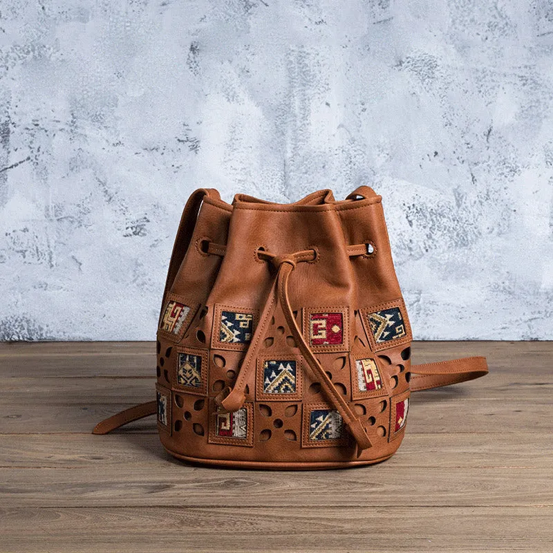 Womens Vegan Leather Crossbody Bucket Bag Boho Purses For Women