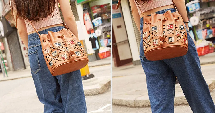 Womens Vegan Leather Crossbody Bucket Bag Boho Purses For Women